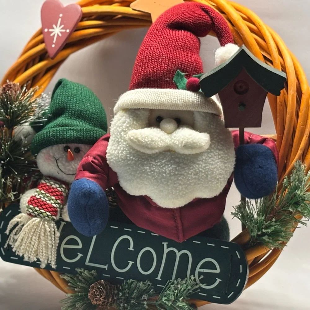 Vintage Festive Santa and Snowman Holiday Wreath - Red and Green